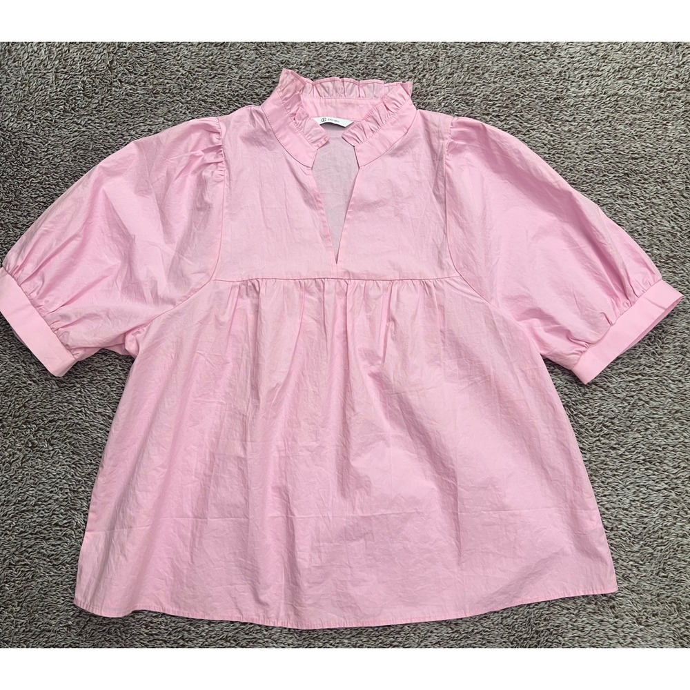 Cicy Bell New L Pink Cotton Ruffle Neck Puff Sleeve Babydoll Blouse H4E278